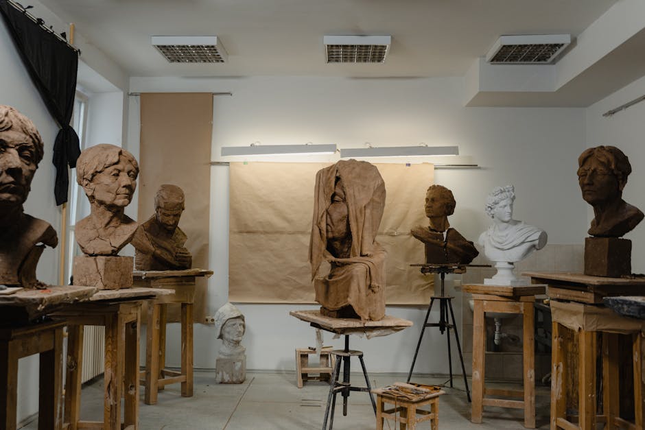 Fine art sculptures displayed in a cozy artisan workshop, showcasing creativity and craftsmanship.